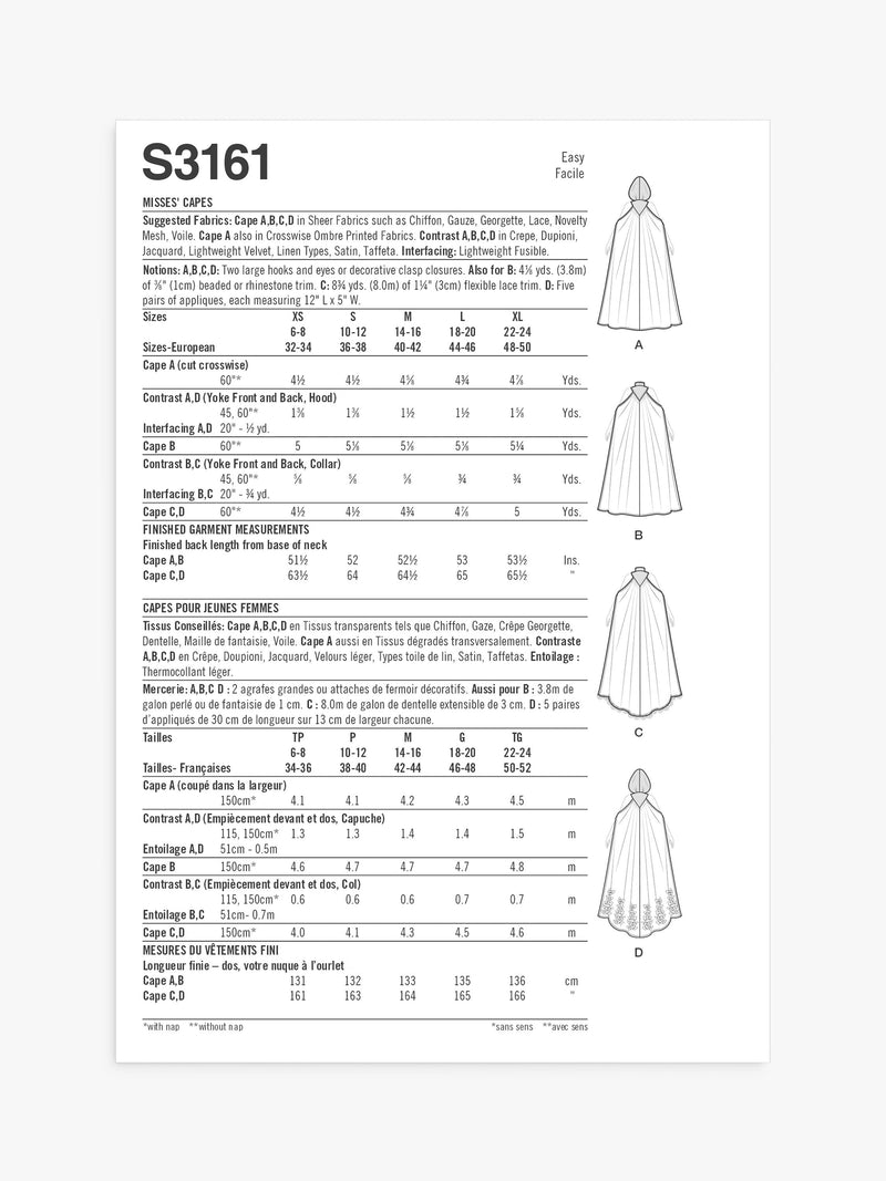 Simplicity sewing pattern Misses Capes S3161 (British brand)