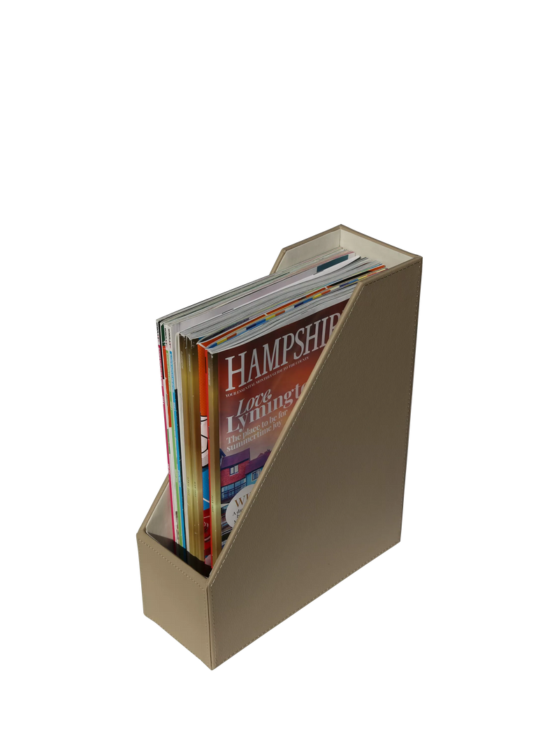 Osco faux leather light taupe magazine holder, UK version
