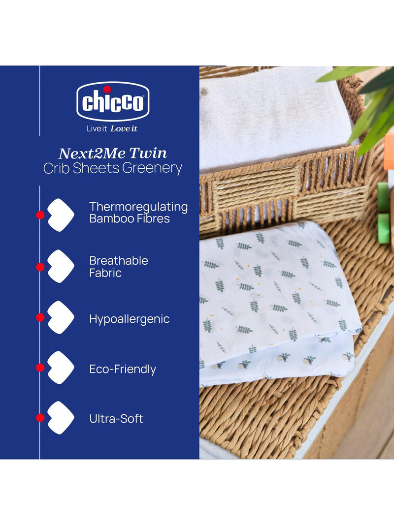 Chicco Next2Me Twins crib bamboo fitted sheets pack of 2 Greenery, UK version