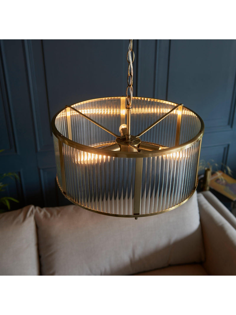 Bay Lighting Rika pendant light ribbed glass brass effect, UK version