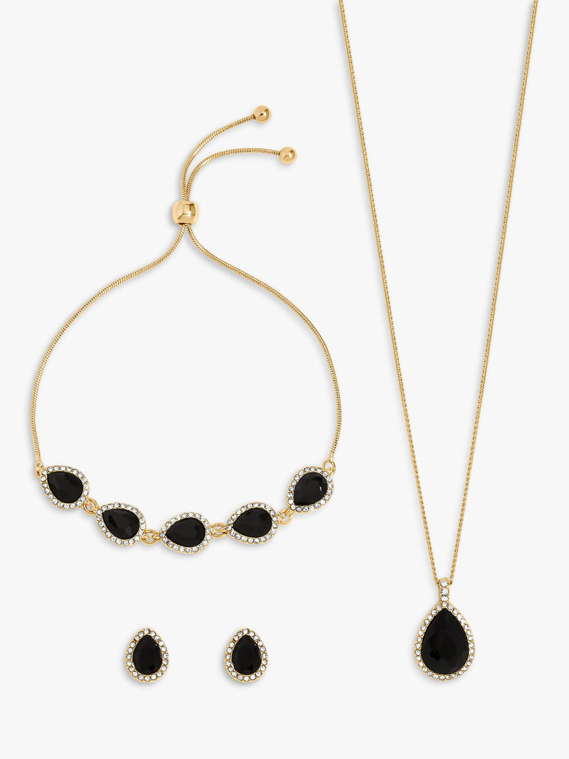 Gold Plated Jet Pear Drop Trio Earring Set for Pierced Ears
