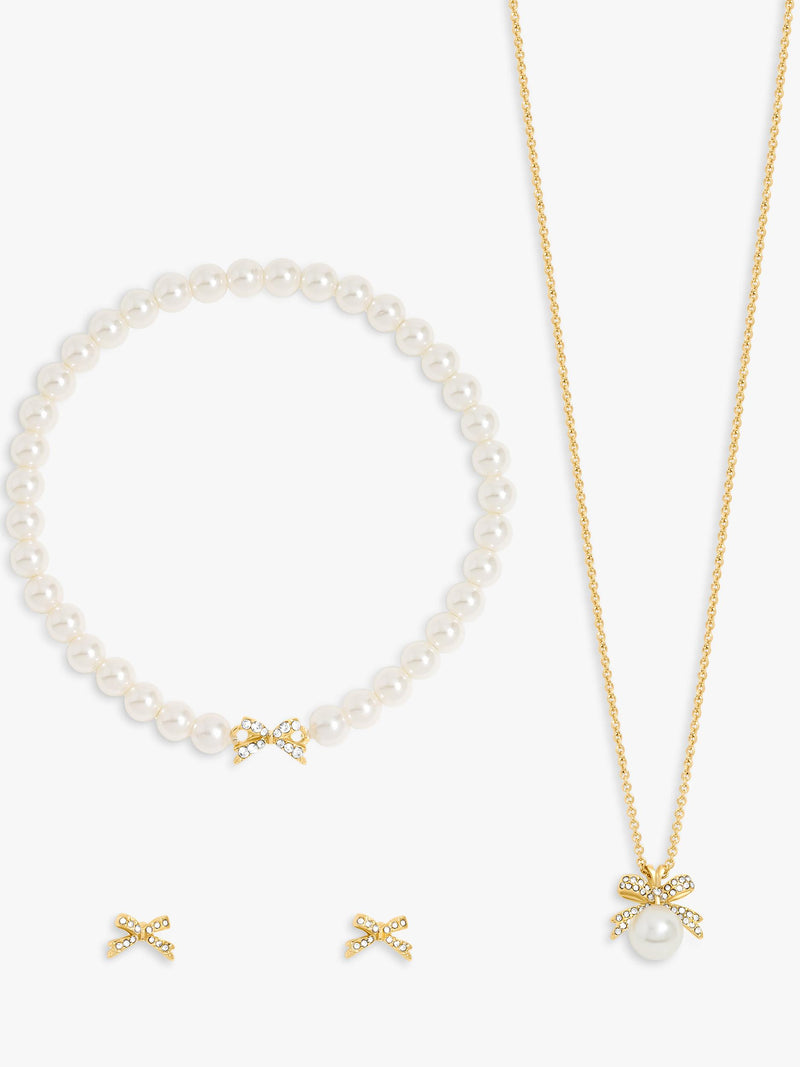 Gold-Plated Pearl and Crystal Bow Earring Trio Set