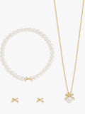 Gold-Plated Pearl and Crystal Bow Earring Trio Set