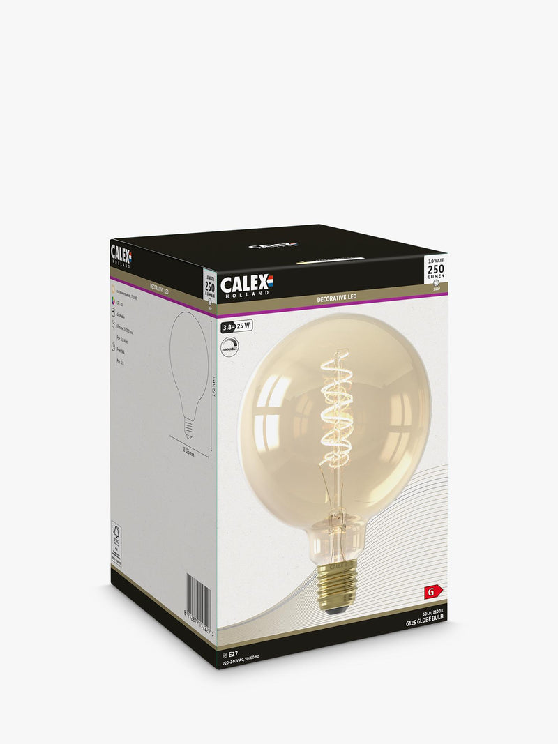 Calex LED bulb 3.8W curly filament E27 globe G125, imported from the UK