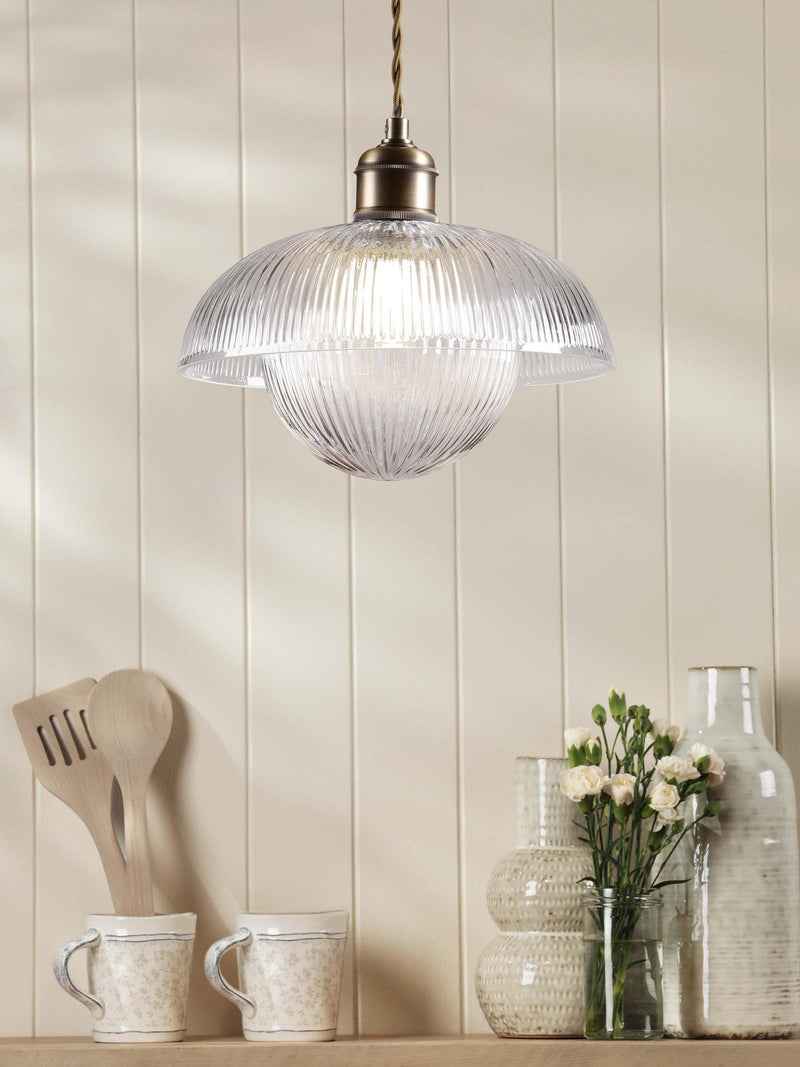 Laura Ashley ribbed glass pendant light antique brass, UK version