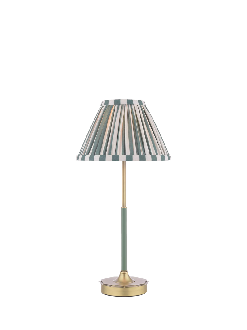 Laura Ashley Denwick pleat stripe table lamp olive green, imported from the UK