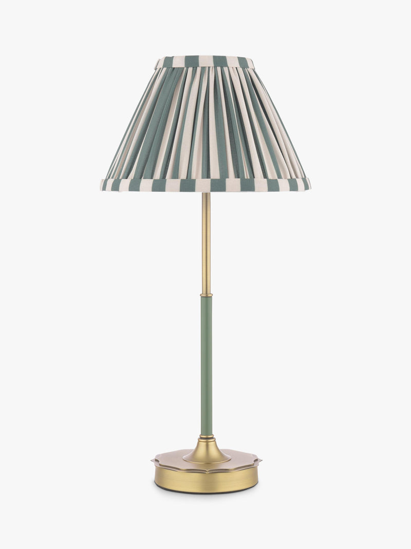 Laura Ashley Denwick pleat stripe table lamp olive green, imported from the UK