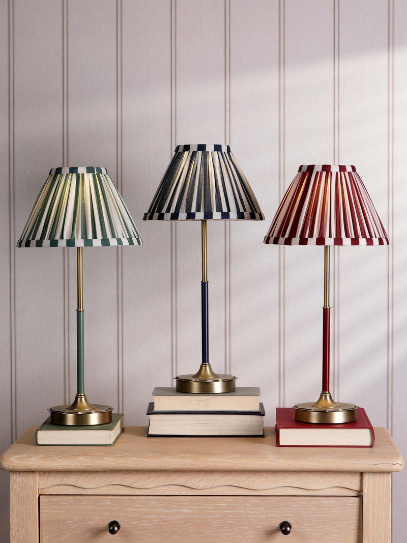 Laura Ashley Denwick pleat stripe table lamp olive green, imported from the UK