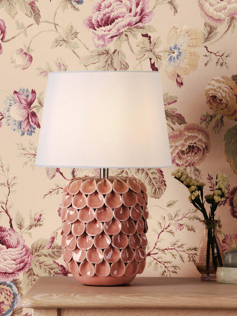 Laura Ashley Marwick ceramic table lamp in pink, imported from the UK