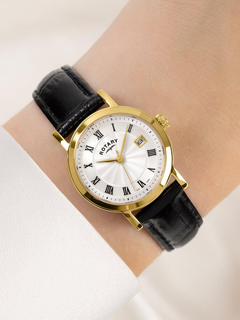 Rotary Heritage women's watch gold PVD case black strap (British brand)