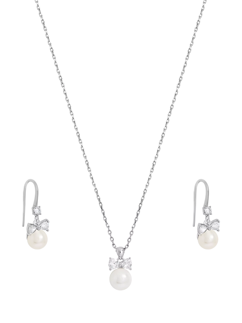 Jon Richard crystal bow and pearl drop earring set in silver, UK version