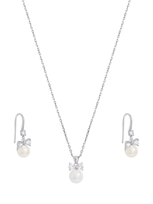 Rhodium Plated Crystal Bow and Pearl Drop Earring Set in Silver