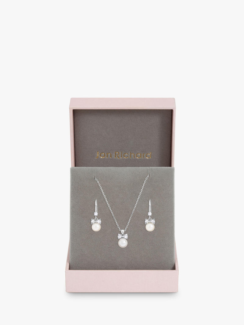 Jon Richard crystal bow and pearl drop earring set in silver, UK version