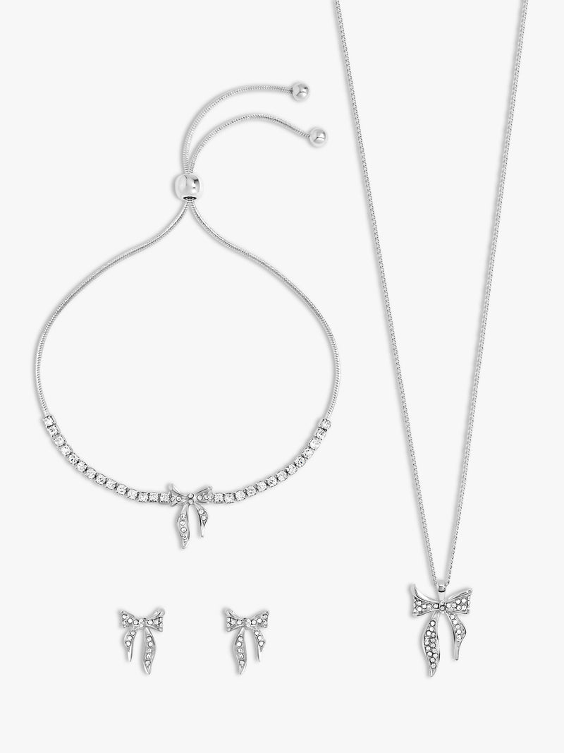 Silver Plated Pave Bow Earring Set for Pierced Ears