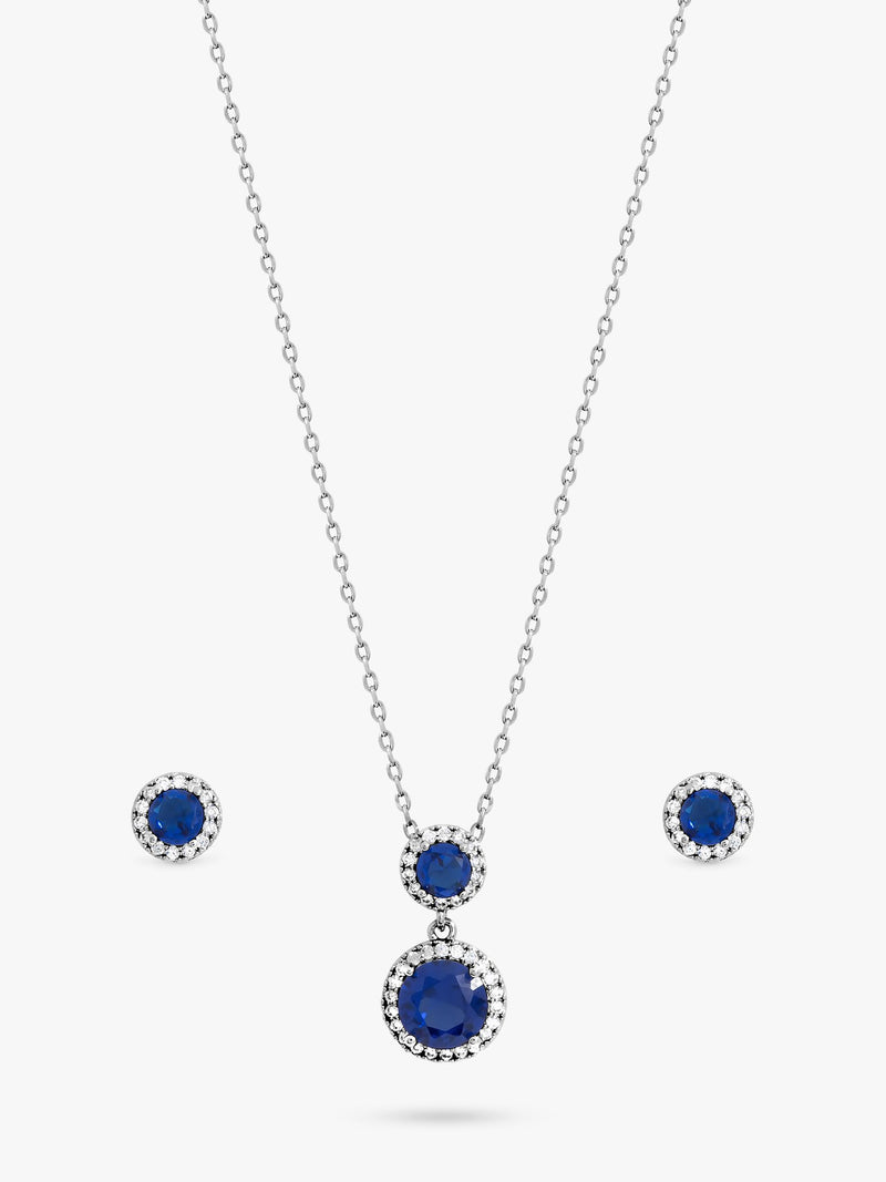 Rhodium-Plated Double Halo Sapphire Drop Earrings Set with Cubic Zirconia