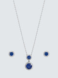 Rhodium-Plated Double Halo Sapphire Drop Earrings Set with Cubic Zirconia
