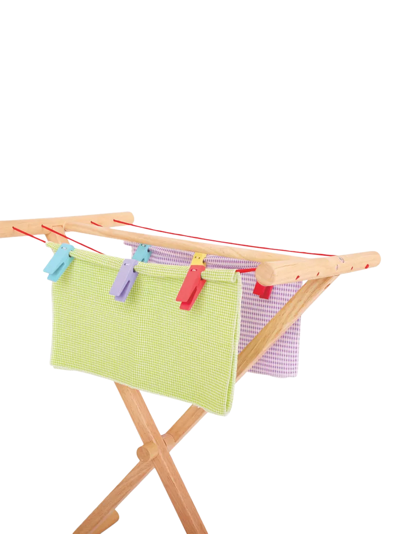 Bigjigs Toys wooden clothes airer with 8 pegs - British product