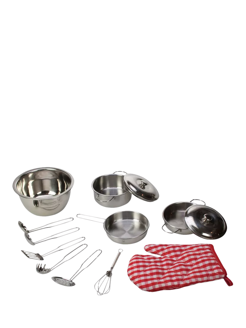 Bigjigs Toys kids kitchen set with stainless steel pots 14cm, imported from the UK