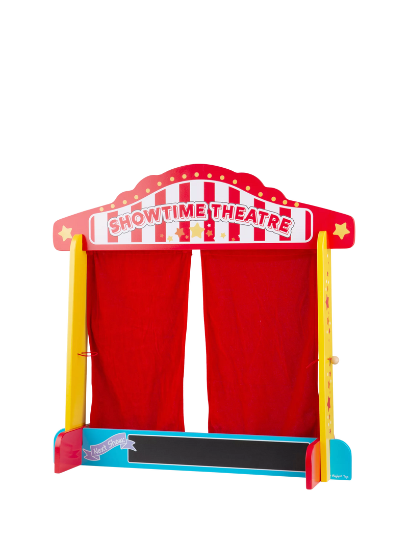 Bigjigs Toys Showtime wooden puppet theatre with red silk curtains - British product