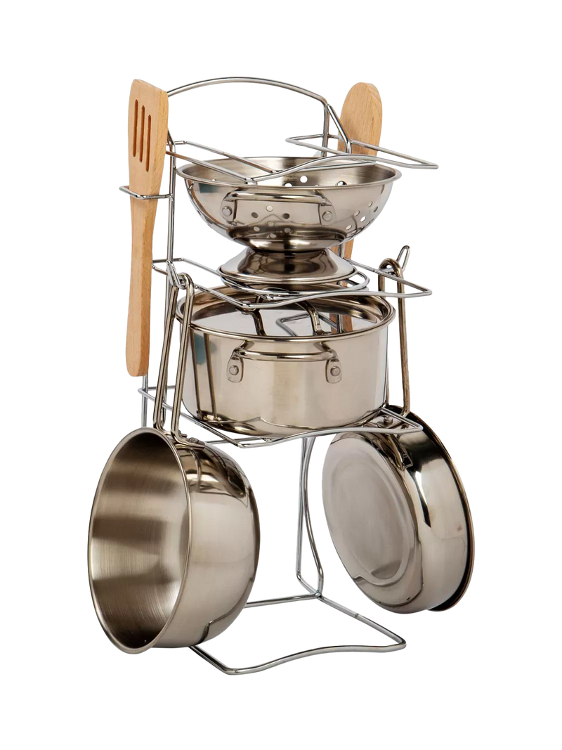 Bigjigs Toys cooking pot rack with pots and utensils (British brand)