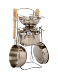 Bigjigs Toys cooking pot rack with pots and utensils (British brand)