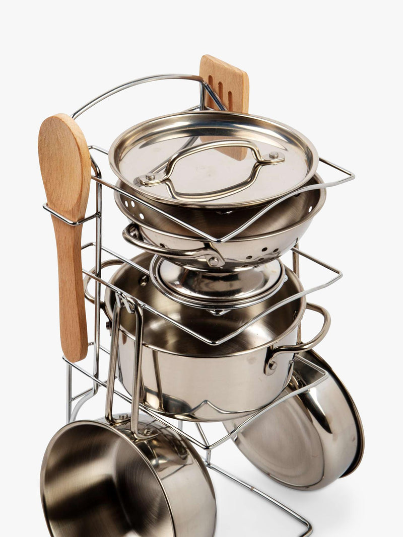 Bigjigs Toys cooking pot rack with pots and utensils (British brand)