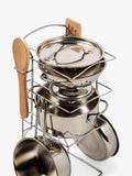 Bigjigs Toys cooking pot rack with pots and utensils (British brand)