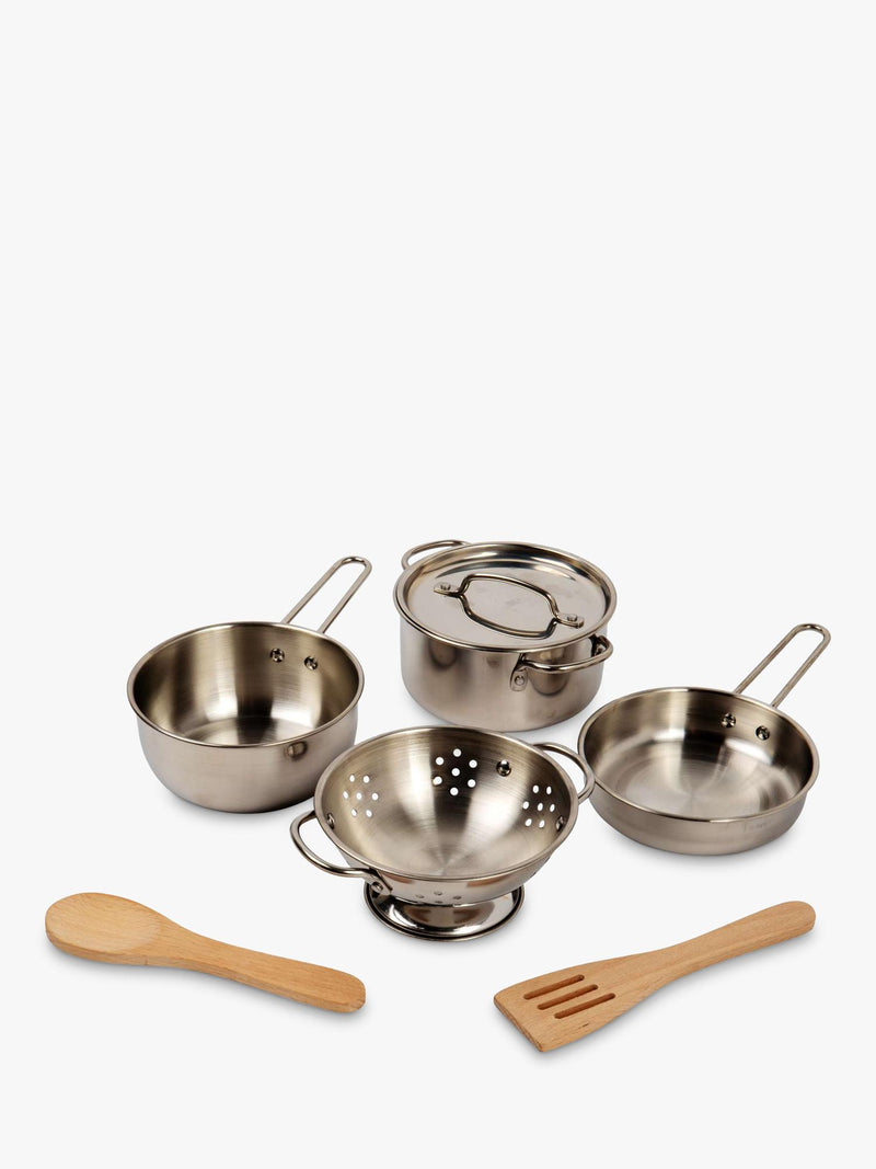 Bigjigs Toys cooking pot rack with pots and utensils (British brand)