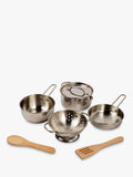 Bigjigs Toys cooking pot rack with pots and utensils (British brand)