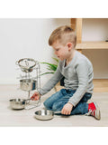 Bigjigs Toys cooking pot rack with pots and utensils (British brand)