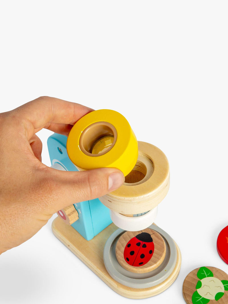 Bigjigs Toys wooden microscope with lenses and disks, UK version