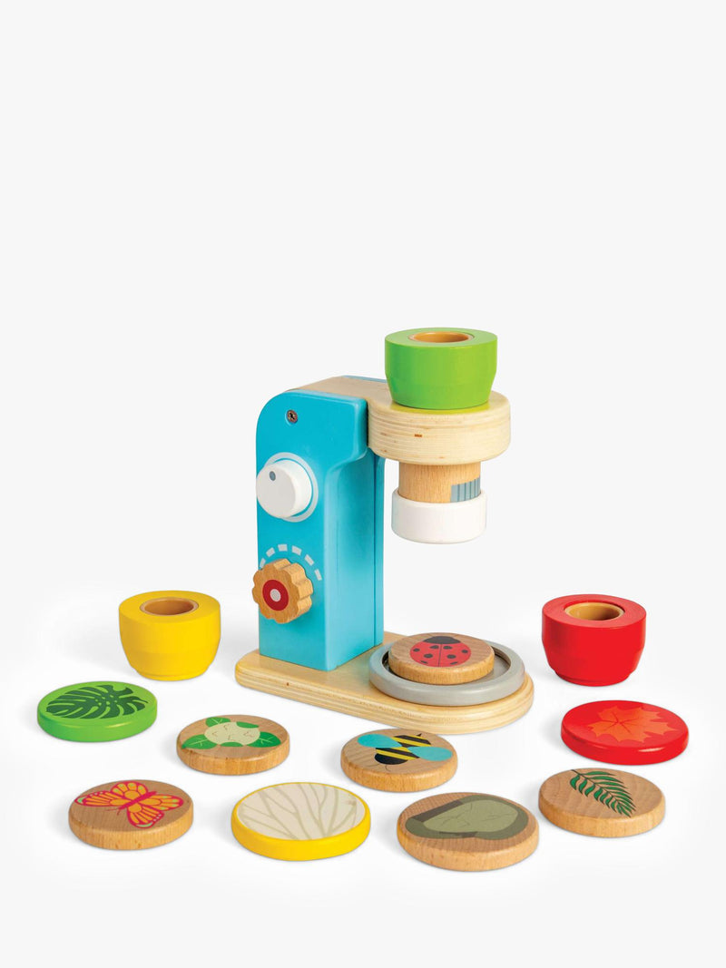 Bigjigs Toys wooden microscope with lenses and disks, UK version