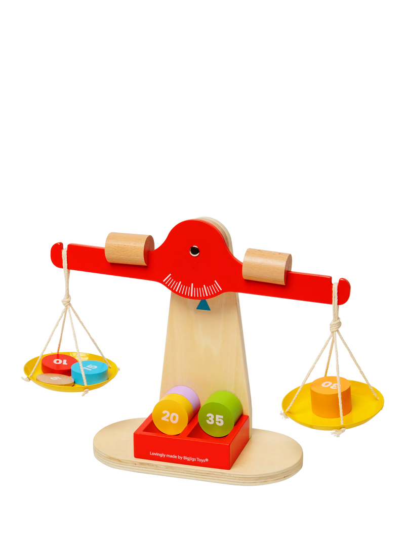 Bigjigs Toys wooden balancing scales with numbered disks - British product