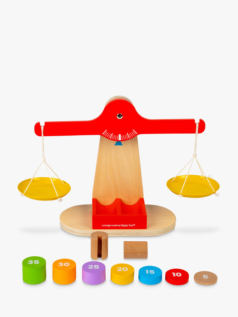 Bigjigs Toys wooden balancing scales with numbered disks - British product