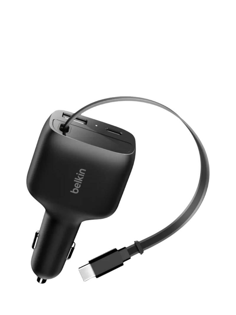 Belkin retractable car charger USB-C USB-A 75W black - British product