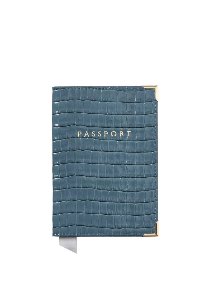 Aspinal London croc leather passport cover peacock UK version