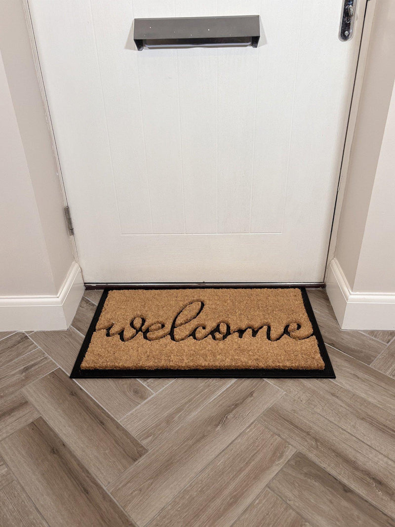John Lewis natural coir door mat with welcome design, British brand