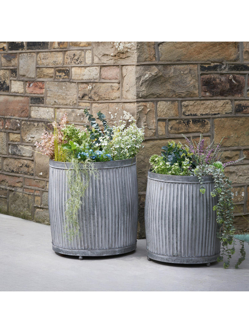 Pacific ribbed zinc outdoor planters set of two (British brand)