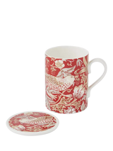 John Lewis Morris & Co. Strawberry Thief Bone China Mug & Coaster Set, Indian Red, 340ml- Buy online at McGrocer