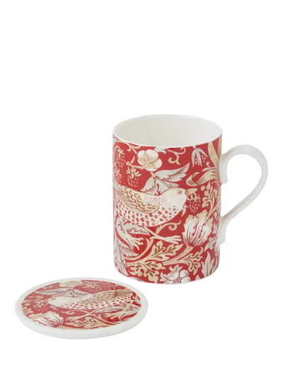 John Lewis Morris & Co. Strawberry Thief Bone China Mug & Coaster Set, Indian Red, 340ml- Buy online at McGrocer