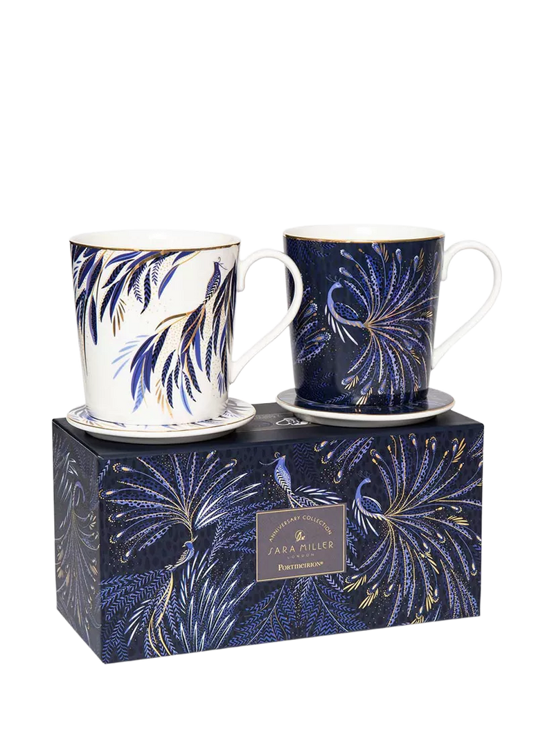 Sara Miller fine china mug and coaster set indigo white 344ml, imported from the UK