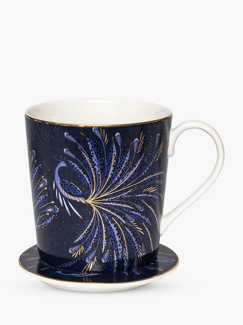 Sara Miller fine china mug and coaster set indigo white 344ml, imported from the UK