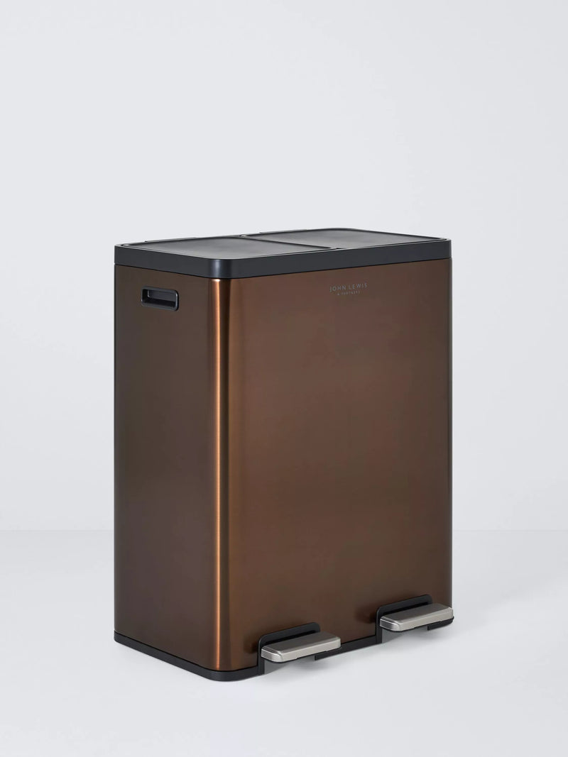 John Lewis 2 Section Recycling Bin, with Handles, 60L - Stainless Steel