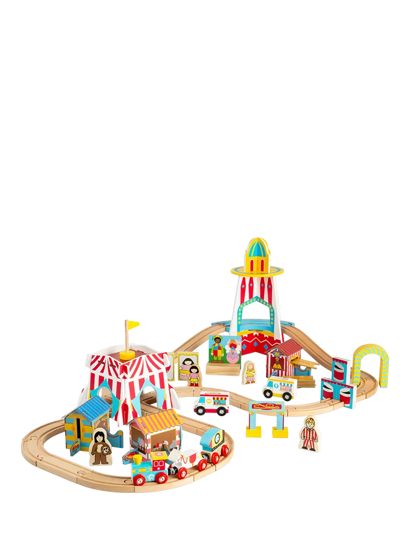 Bigjigs Toys wooden fun fair train set (British brand)