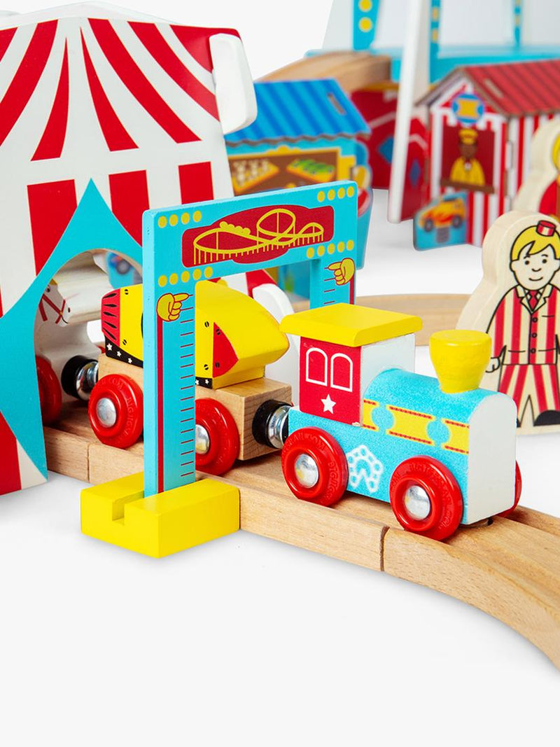 Bigjigs Toys wooden fun fair train set (British brand)