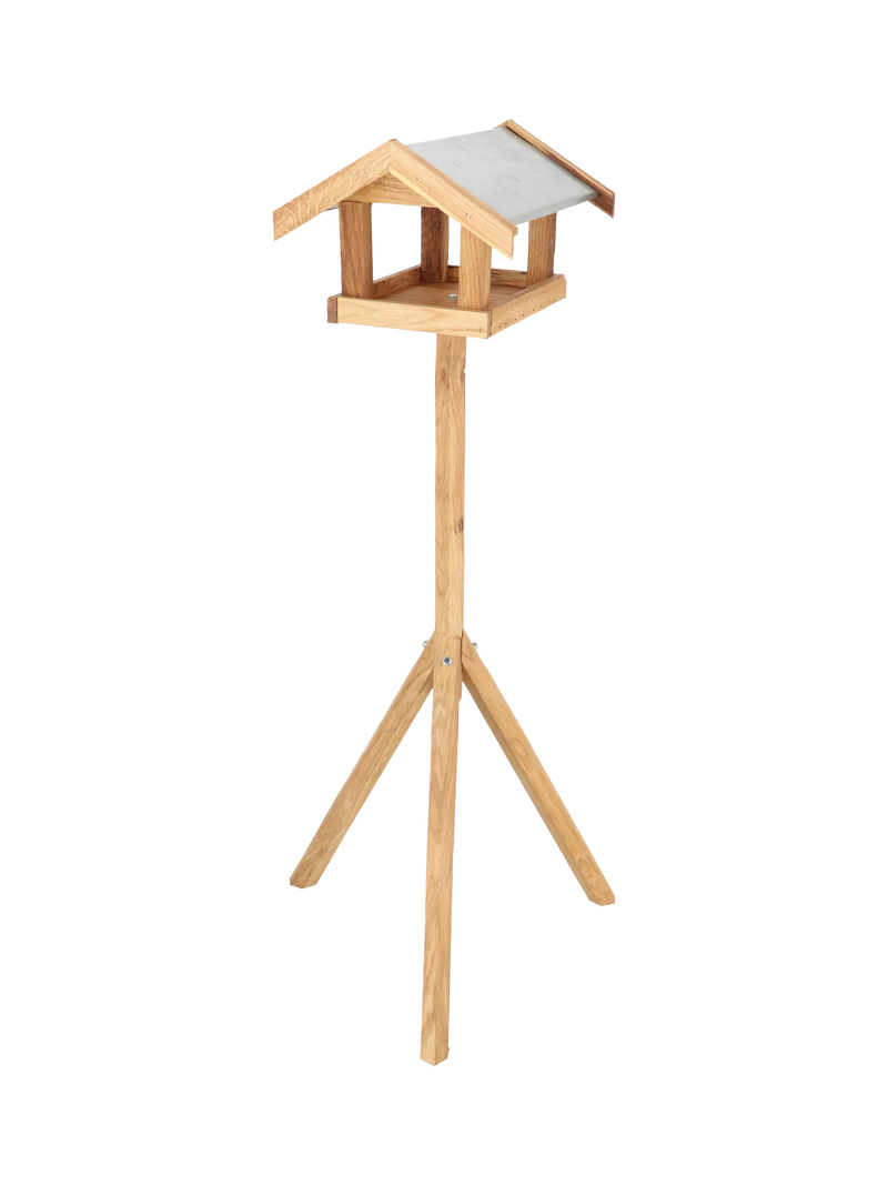 Fallen Fruits oak wood bird table with steel roof, UK version
