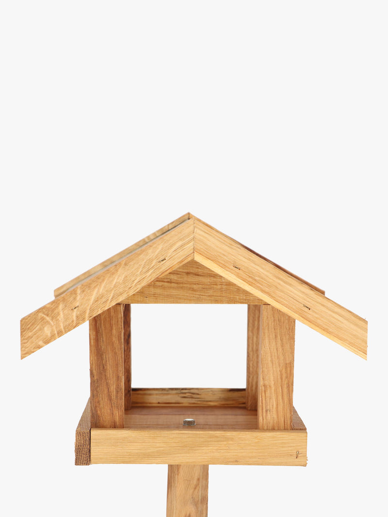 Fallen Fruits oak wood bird table with steel roof, UK version