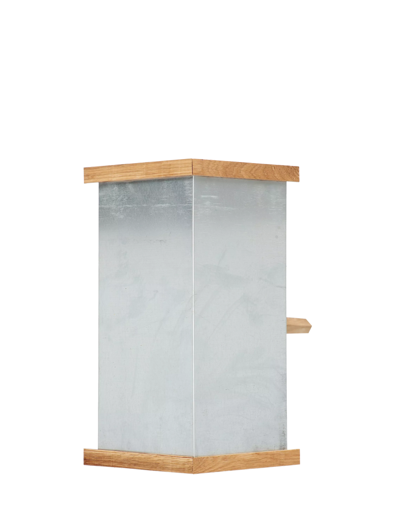 Fallen Fruits oak wood bird table with steel roof, UK version