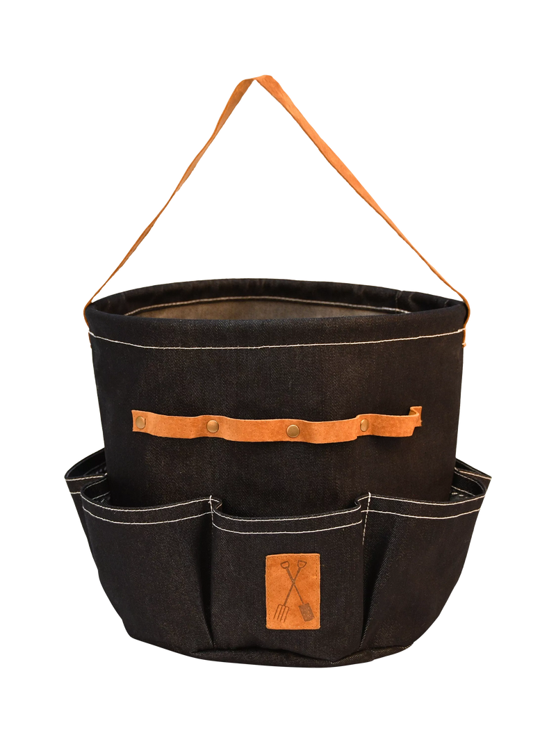 Fallen Fruits round denim garden tool bag (British brand)