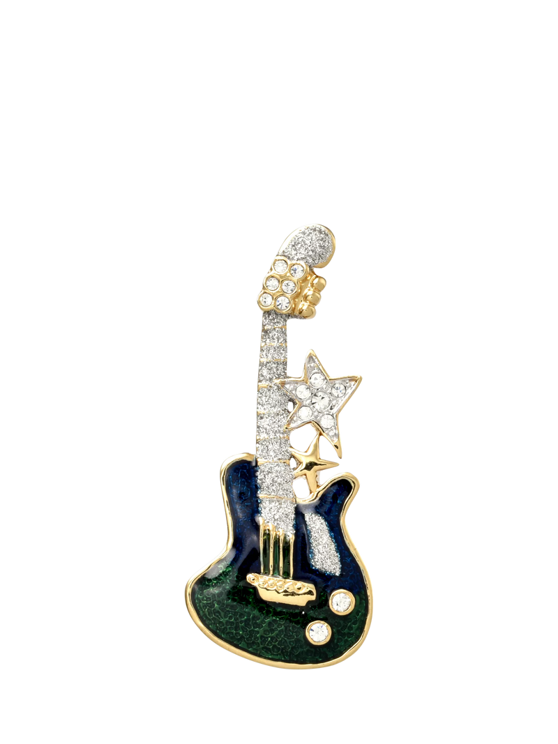 Eclectica pre-loved crystal guitar brooch green blue enamel 18ct gold plate (British brand)